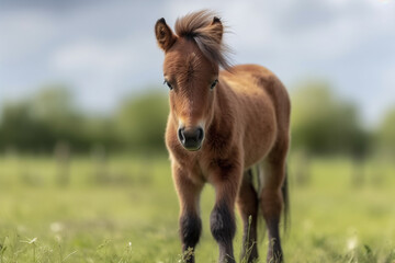 Obraz premium Portrait d'un poulain marron dans une prairie » IA générative