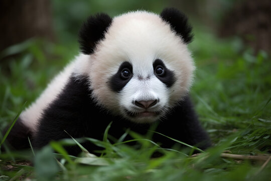 Portrait d'un bébé panda sur des feuilles de bambous  » IA générative