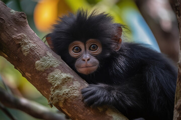 Obraz premium Portrait d'un bébé singe noir poilu sur un tronc d'arbre » IA générative