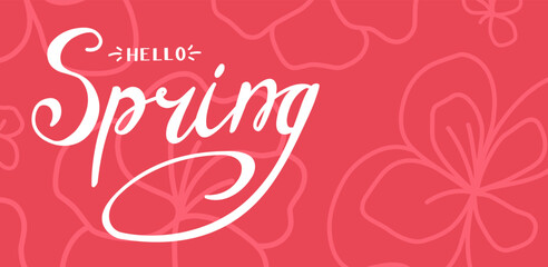 Hello spring banner on red background with flowers.