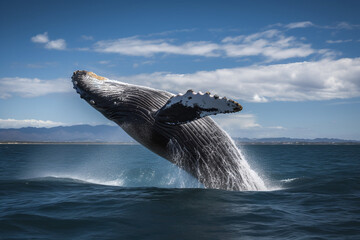 Fototapeta premium Portrait d'une baleine sautant hors de l'eau avec ciel nuageux » IA générative