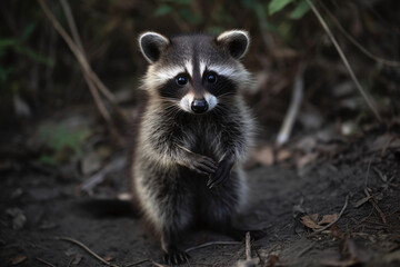 Fototapeta premium Raton laveur sur un chemin de terre dans la forêt » IA générative