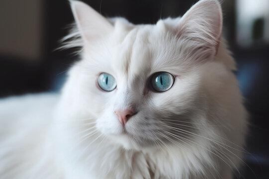 Portrait d'un chat blanc poilu aux yeux bleus » IA générative