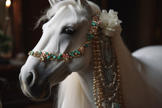 Portrait d'un cheval blanc orné de bijoux précieux » IA générative