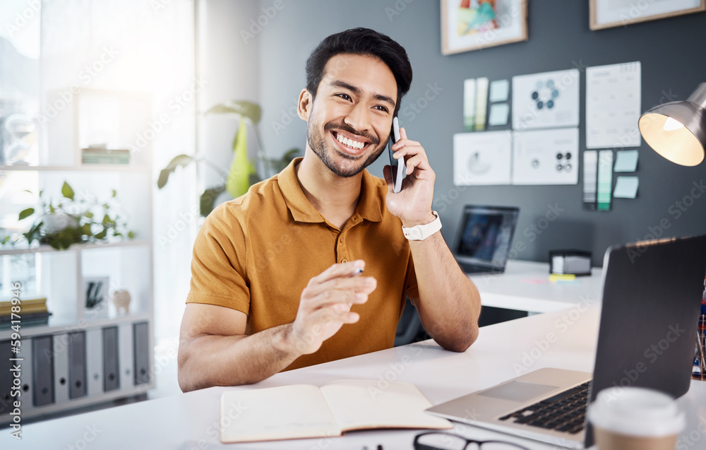 Poster phone call, smile and planning with a business man chatting while working at his desk in the office.