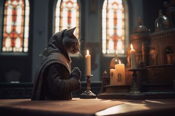 Chat en habit de prêtre priant dans une église » IA générative - obrazy, fototapety, plakaty
