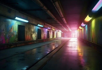Futuristic technicolor corridor, glossy concrete & grunge, cyber-retro underground feel - generative ai