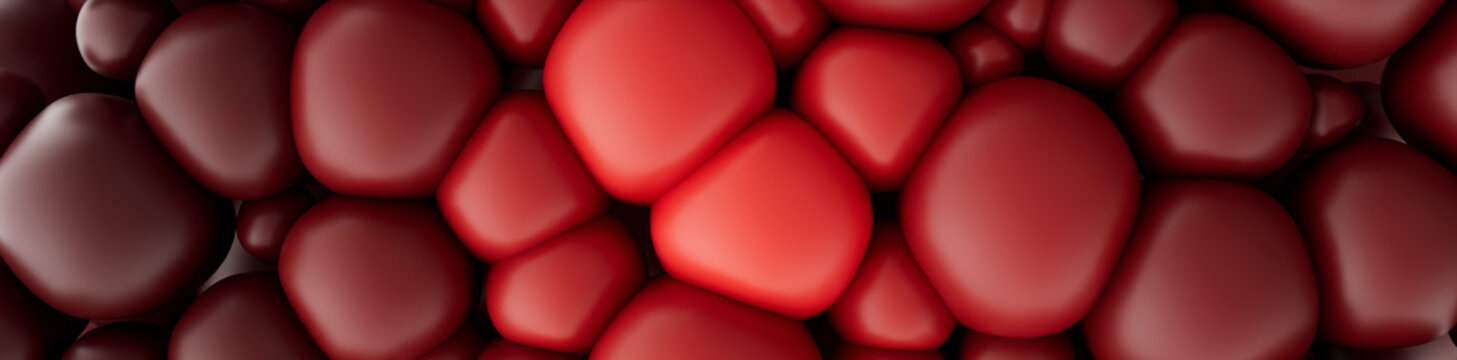 Red and Maroon 3D Balloons arranged to create a Multicolored abstract background. 3D Render. 