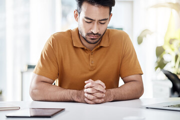 Fototapeta premium Business, office and man praying, faith and hope for career, job or work opportunity with god help, support or gratitude. Trust, worship and young person with prayer hands or sign for religion