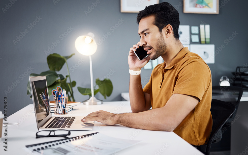 Poster phone call, stress and asian man with problem on laptop with glitch, mistake and error in office. co