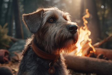Gros plan d'un chien près d'un feu dans la forêt » IA générative