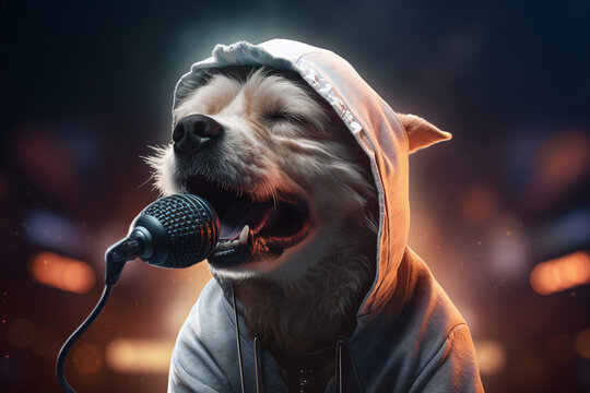Chien rappeur chantant dans un micro &raquo; IA g&eacute;n&eacute;rative