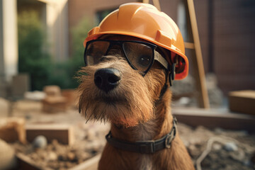 Fox terrier sur un chantier avec un casque orange et des lunettes de sécurité » IA générative - obrazy, fototapety, plakaty