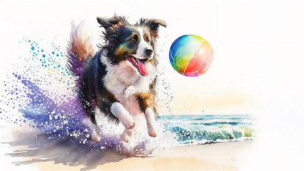 Happy dog at beach with ball. Summer relax concept. Watercolor illustration. Generated AI