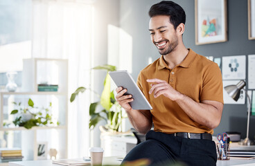 Tablet, office and happy man with online software, website design or data results, review or feedback for tech company. Creative asian person, analyst or employee on digital technology or application