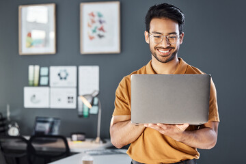 Research, laptop and happy man in office thinking, smile and excited on blurred wall background. Leader, vision and asian businessman online for planning, goal or design agency startup in Japan
