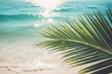 Summer background. Palm leaves on wave beach. Generative ai.
