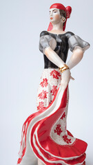A traditional figurine of a flamenco dancer for home decoration, formerly often found in Spanish homes. Sold in a street stall at the Madrid Flea Market.