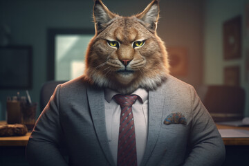 Portrait d'un lynx businessman obèse dans des bureaux » IA générative