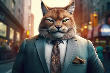 Portrait d'un lynx businessman obèse marchant dans les rues d'une ville » IA générative