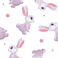 Bunny. Cute Childish Seamless Pattern in Cartoon Style. Background for Wallpaper, Textile Design, Gift Wrap, Fabric, Cover.
