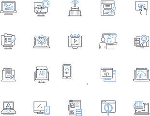 Administrative software line icons collection. Automation, Efficiency, Streamlining, Integration, Productivity, Customization, Reporting vector and linear illustration. Database,Access,Collaboration