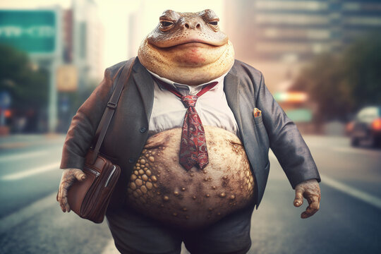Crapaud businessman ob&egrave;se marchant vers son travail &raquo; IA g&eacute;n&eacute;rative