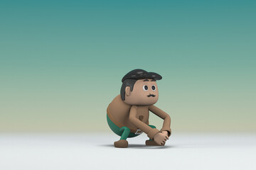 The man  with mustache wearing a brown long shirt green pants.  He is pulling or pushing something. 3d rendering of cartoon character in acting.