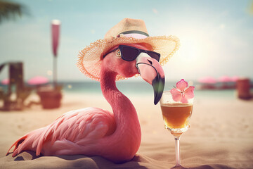 Portrait d'un flamant rose buvant un cocktail à la plage » IA générative