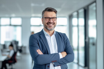 Man stands in suit in modern open-plan office and laughs contentedly and sympathetically - topic manager, executive or success - Generative AI