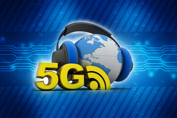 3d rendering 5G Network 5G WiFi with headphone connected globe
