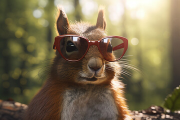 Gros plan d'un &eacute;cureuil avec lunettes de soleil dans la for&ecirc;t &raquo; IA g&eacute;n&eacute;rative