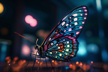 Papillon coloré et scintillant posé dans une rue éclairée » IA générative