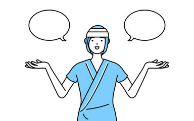 ふきだしつき、比較をする頭に包帯を巻いた女性入院患者