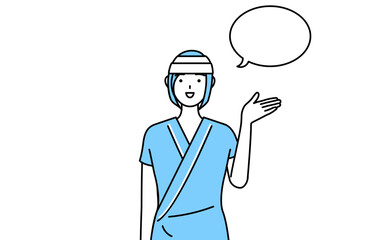 ふきだしつき、案内をする頭に包帯を巻いた女性入院患者