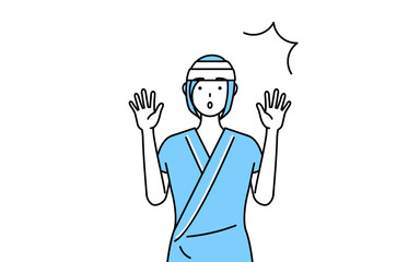 驚いて手を上げる頭に包帯を巻いた女性入院患者