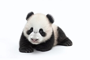 Fototapeta premium Portrait d'un bébé panda allongé sur le sol sur fond blanc » IA générative