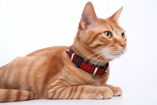 Portrait d'un chat roux avec collier rouge sur fond blanc » IA générative