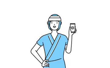 仕事でスマホを使う頭に包帯を巻いた女性入院患者