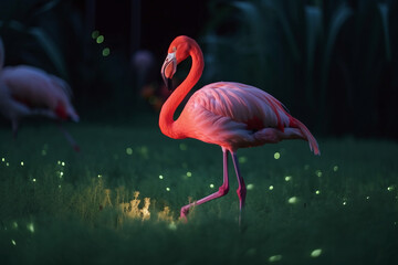 Portrait d'un flamant rose illuminé par des lucioles » IA générative