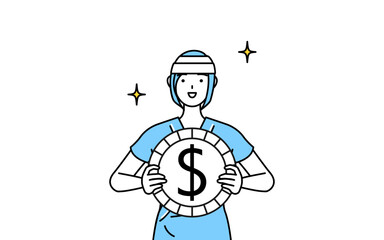 為替差益やドル高のイメージ、頭に包帯を巻いた女性入院患者