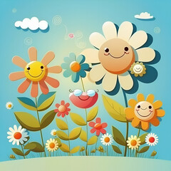 Fototapeta na wymiar Happy easy cute cartoon illustration of a garden scene with a cute cartoon flower generative aI