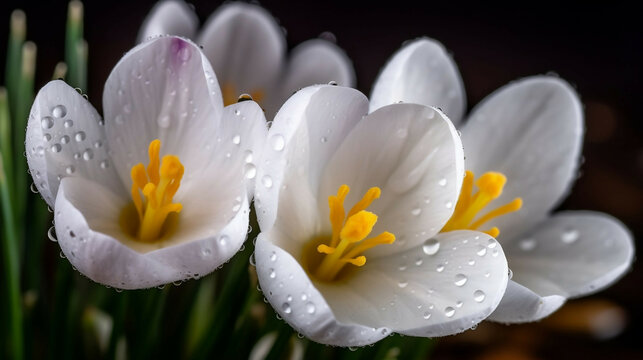 Bright cute spring crocuses in raindrops new quality universal colorful technology stock image illustration design generative ai
