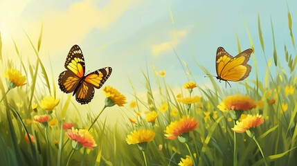 Spring field with flowers and butterflies new quality universal colorful technology illustration design generative ai