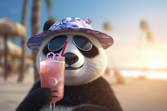Portrait d'un panda avec bob buvant un cocktail sur la plage &raquo; IA g&eacute;n&eacute;rative