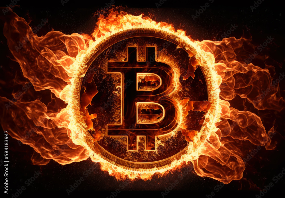 Poster bitcoin on fire background. generative ai.