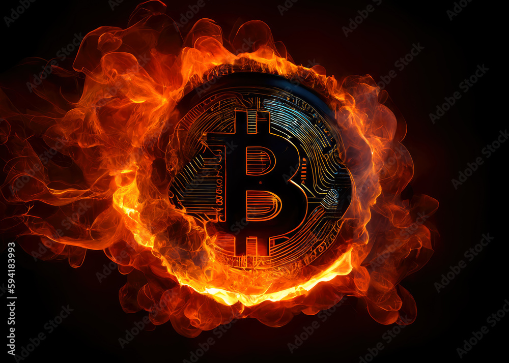 Poster bitcoin on fire background. generative ai.