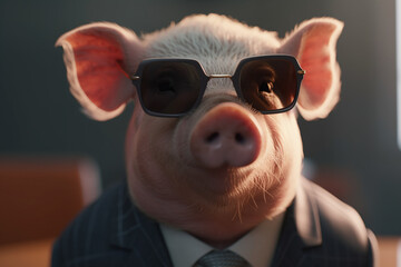 Portrait d'un cochon businessman avec des lunettes de soleil » IA générative