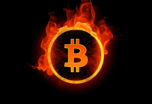 Bitcoin on fire background. generative ai.