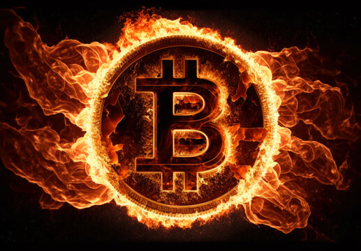 Bitcoin on fire background. generative ai.